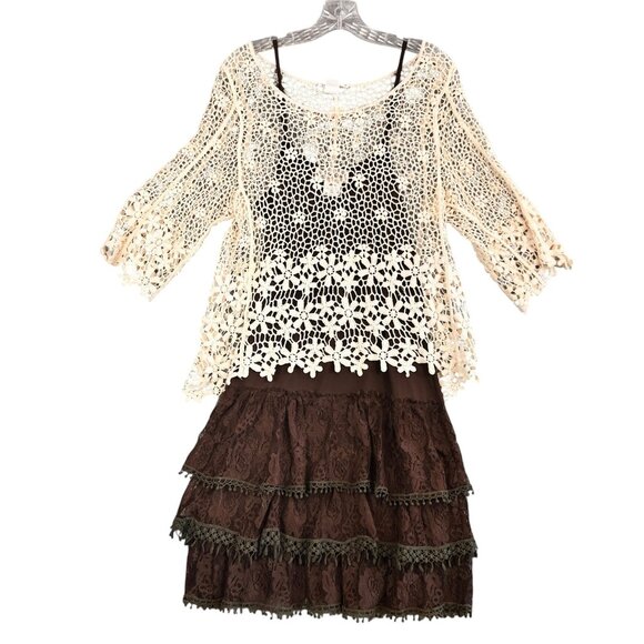 VTG Dress Women Med Brown Lace Crochet Boho Cottage Core Layered Outfit 2 Pc Set - Picture 16 of 16
